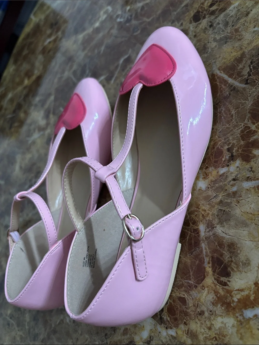 Janie and Jack Pink Patent T-Strap Flats with Hot Pink Heart, size 4y